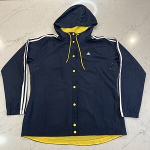 Adidas Womens XL Snap Up Yellow Mesh Lined Navy Windbreaker Hooded Jacket Y2K